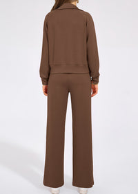 Flip Collar Half Zip Top And Wide Leg Pants Casual Two-Piece Set