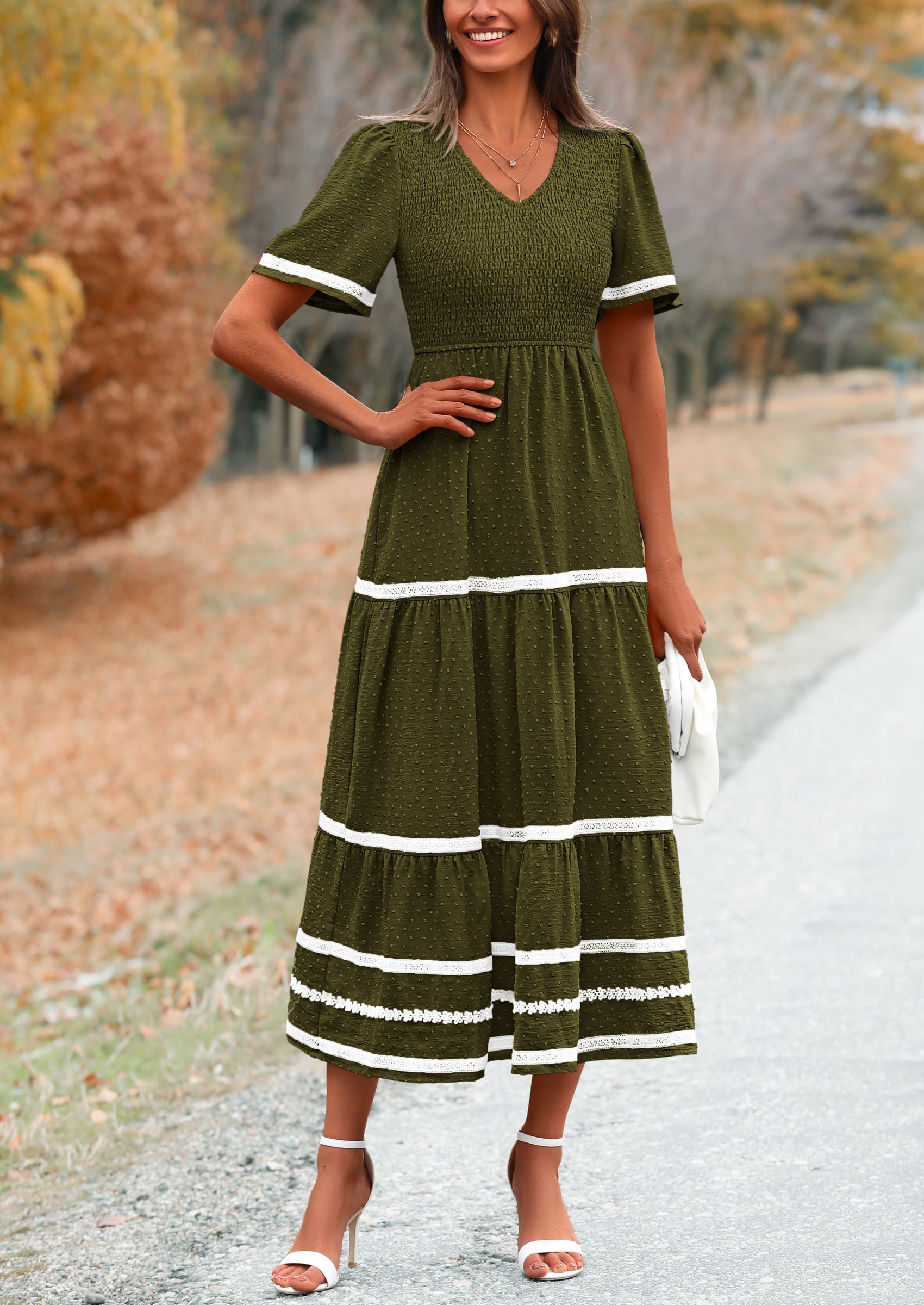 PRETTYGARDEN Women's Casual Summer Maxi Dress Short Sleeve Swiss Dot V Neck Smocked Long Flowy Beach Dresses