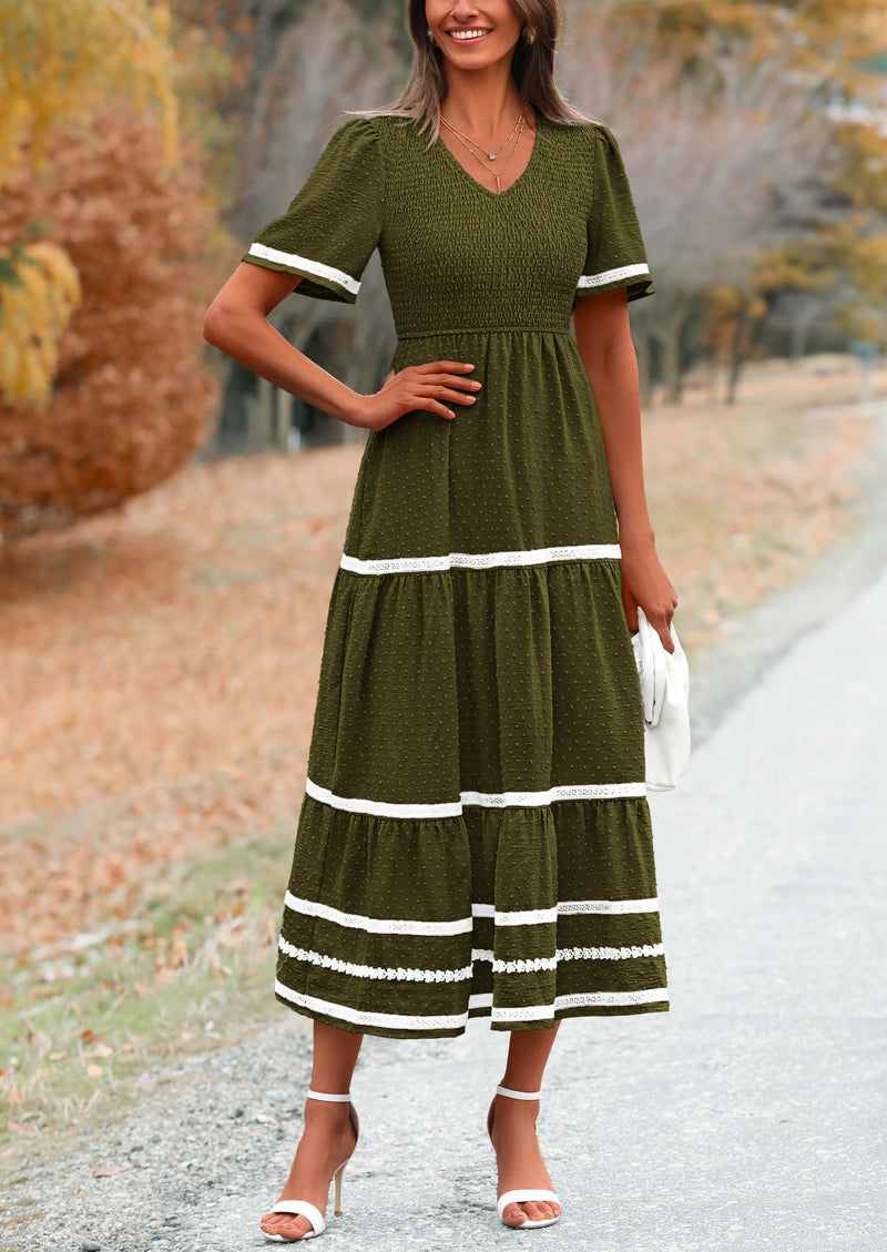 PRETTYGARDEN Women's Casual Summer Maxi Dress Short Sleeve Swiss Dot V Neck Smocked Long Flowy Beach Dresses