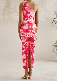 One Shoulder Bodycon Printed Ruched Mesh Party Cocktail Fitted Long Dress