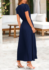 Casual Button V Neck Ruffle Cap Sleeve Long Flowy Pleated Maxi Dresses