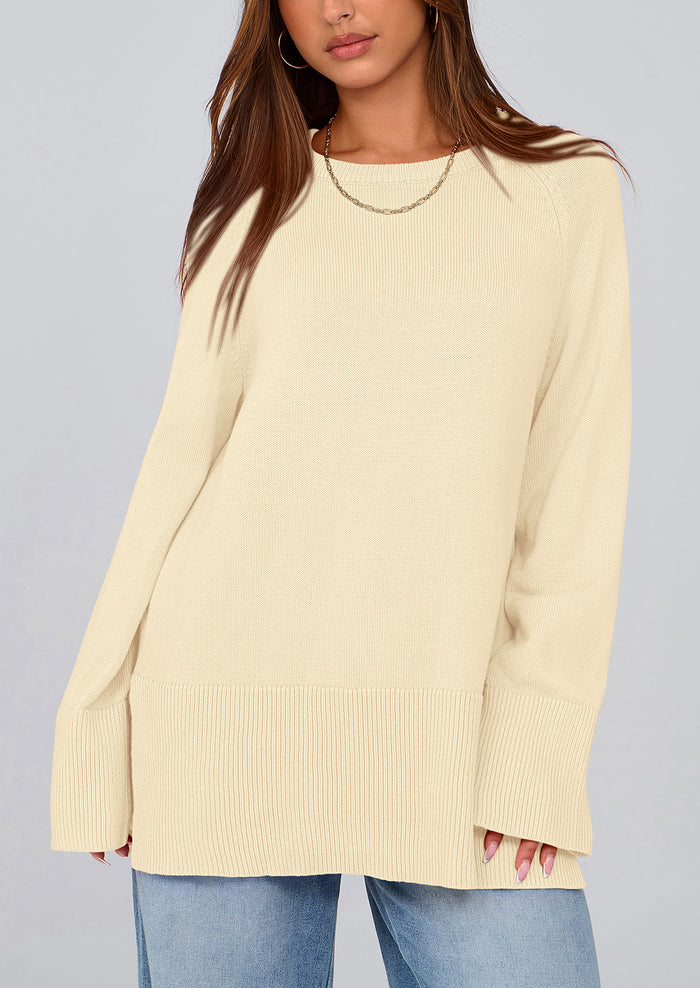 Knit Long Sleeve Crew Neck Split Hem Loose Oversized Tunic Sweaters