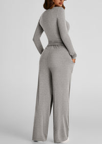 Long Sleeve Crop Tee Wide Leg Pants Two Piece Sets