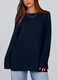 Knit Long Sleeve Crew Neck Split Hem Loose Oversized Tunic Sweaters