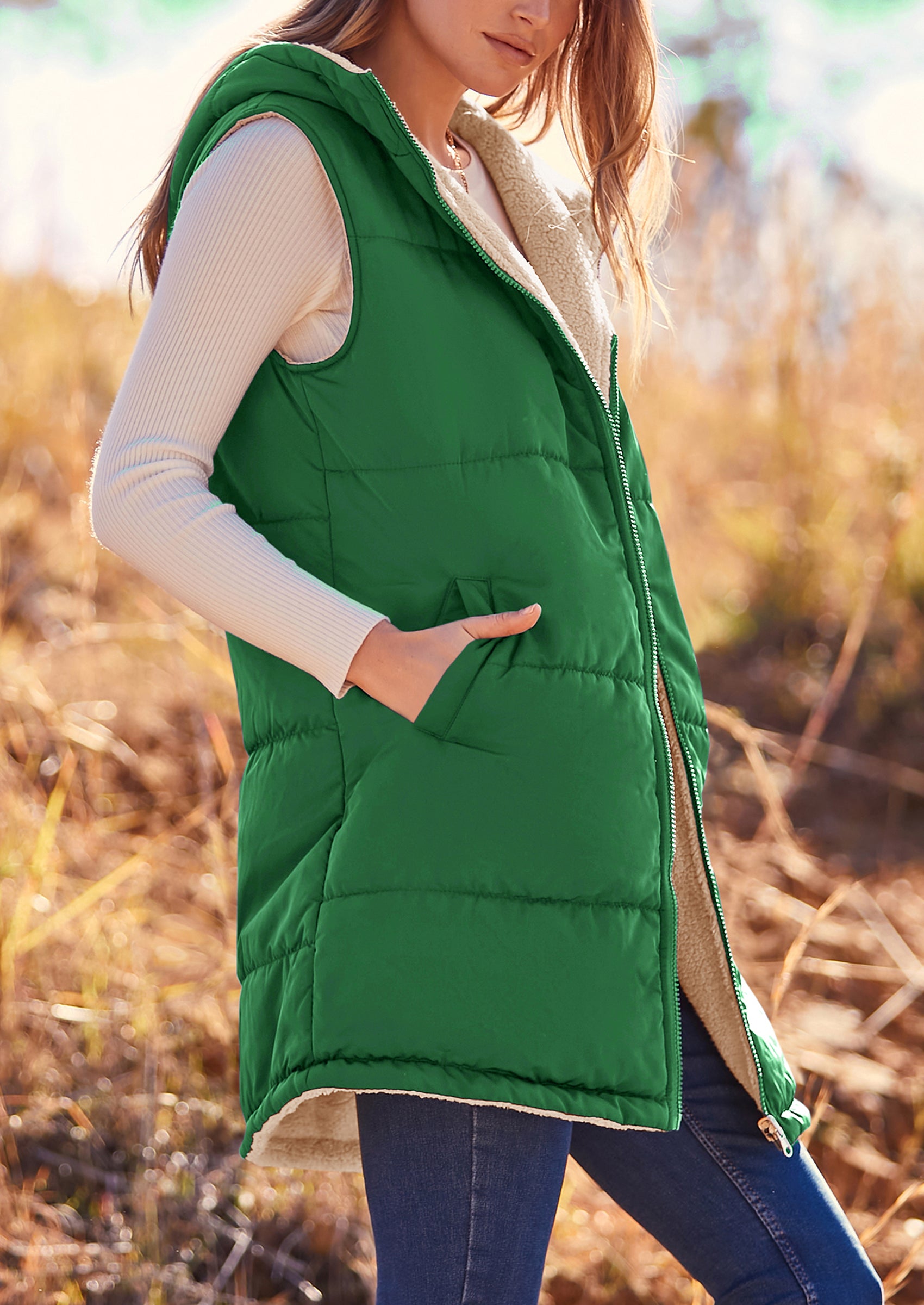 PRETTYGARDEN Womens Fall Reversible Vests Sleeveless Fleece Jacket Zip Up Hoodie Pockets Long Warm Winter Coat Outerwear