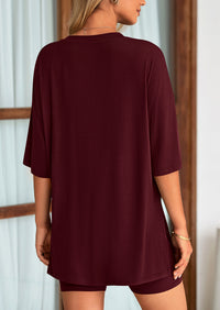 Casual Short Sleeved Round Neck Top Paired With Shorts Two-Piece Set