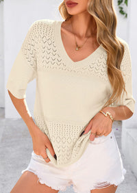 Short Sleeved Casual V-Neck Knitted Small Eye Shirt