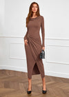 PRETTYGARDEN Women's Fall Wedding Guest Cocktail Midi Dresses Elegant Long Sleeve Bodycon Ruched Dress Fashion Clothing