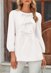 Babydoll Trendy 3/4 Length Puff Sleeve Bow Tie Front Cute Peplum Blouses