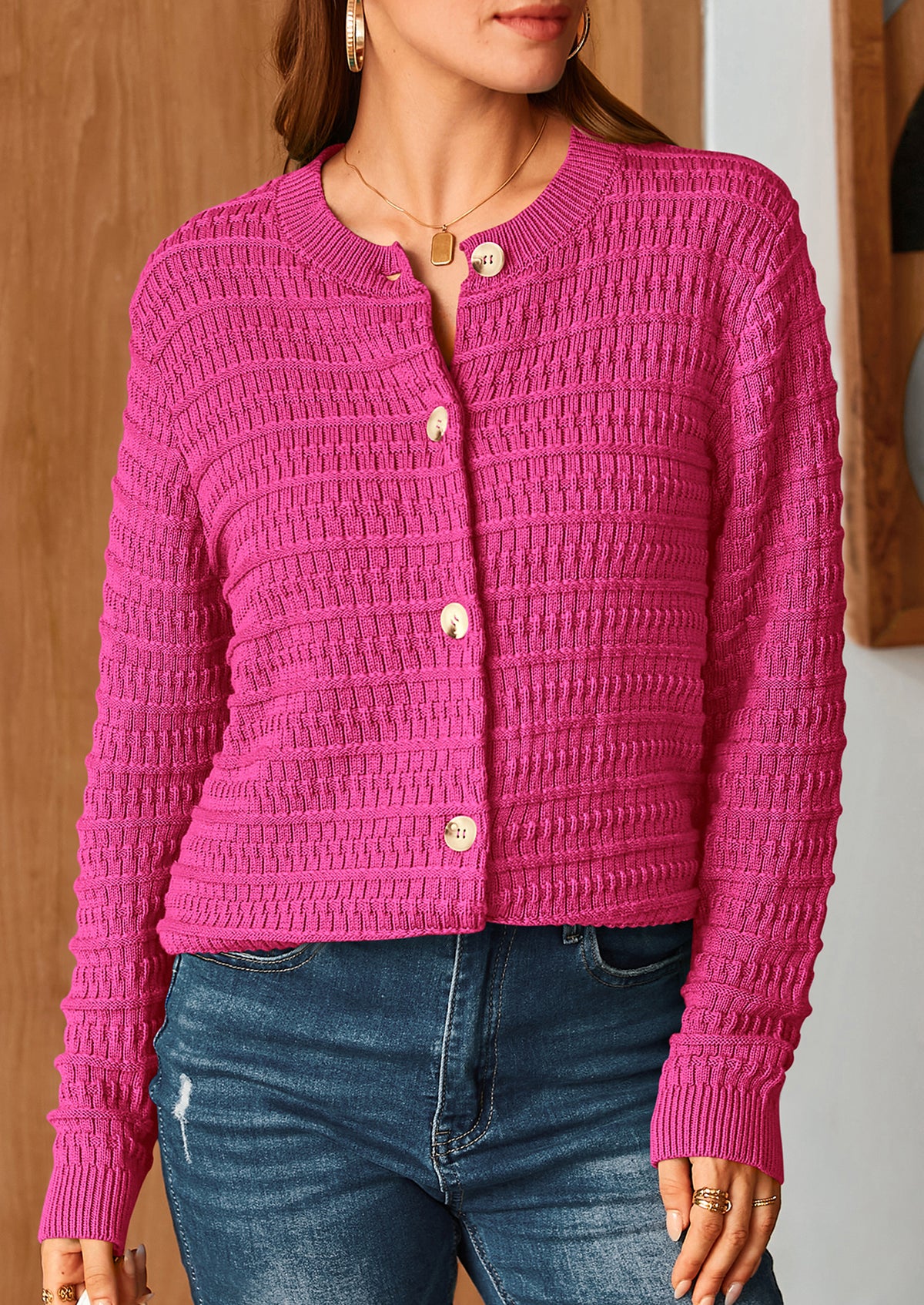 Knit Cardigan Long Sleeve Open Front Button Down Jacket