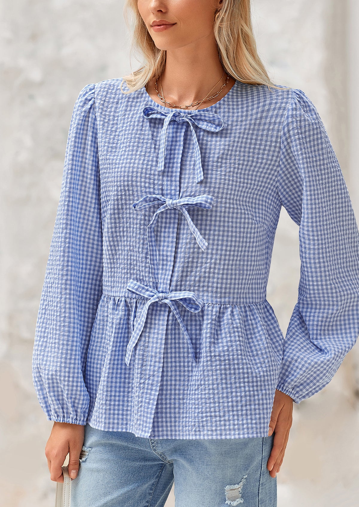 Babydoll Peplum Puff Long Sleeve Bow Tie Front Cute Y2K Blouses