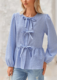 Babydoll Peplum Puff Long Sleeve Bow Tie Front Cute Y2K Blouses