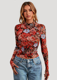 PRETTYGARDEN Womens Fall Mesh Floral Blouses Long Sleeve Going Out Tops Slim Fitted Shirts Date Night Outfits