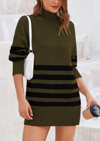Striped Turtleneck Long Sleeve Loose Fit Chunky Knit Casual Mini Sweater Dresses