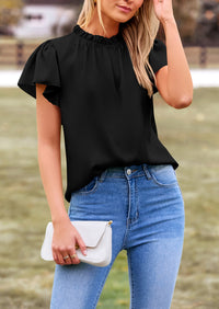 Satin Dressy Casual Ruffle Short Sleeve Crew Neck Work Party Blouses