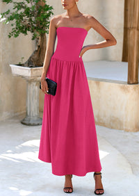 Strapless Patchwork Long Flowy Elegant Tube Top Maxi Dresses with Pockets