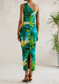 One Shoulder Bodycon Printed Ruched Mesh Party Cocktail Fitted Long Dress