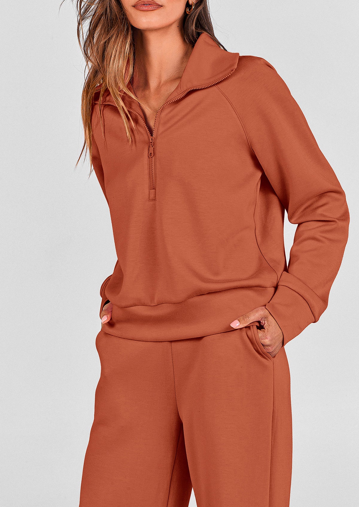 Flip Collar Half Zip Top And Wide Leg Pants Casual Two-Piece Set