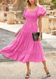 Casual Short Sleeved Square Neck Layered Pleated Dress