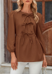 Babydoll Trendy 3/4 Length Puff Sleeve Bow Tie Front Cute Peplum Blouses