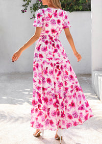 Boho Floral Short Sleeve V Neck A Line Tiered Ruffle Flowy Long Beach Vacation Maxi Dresses