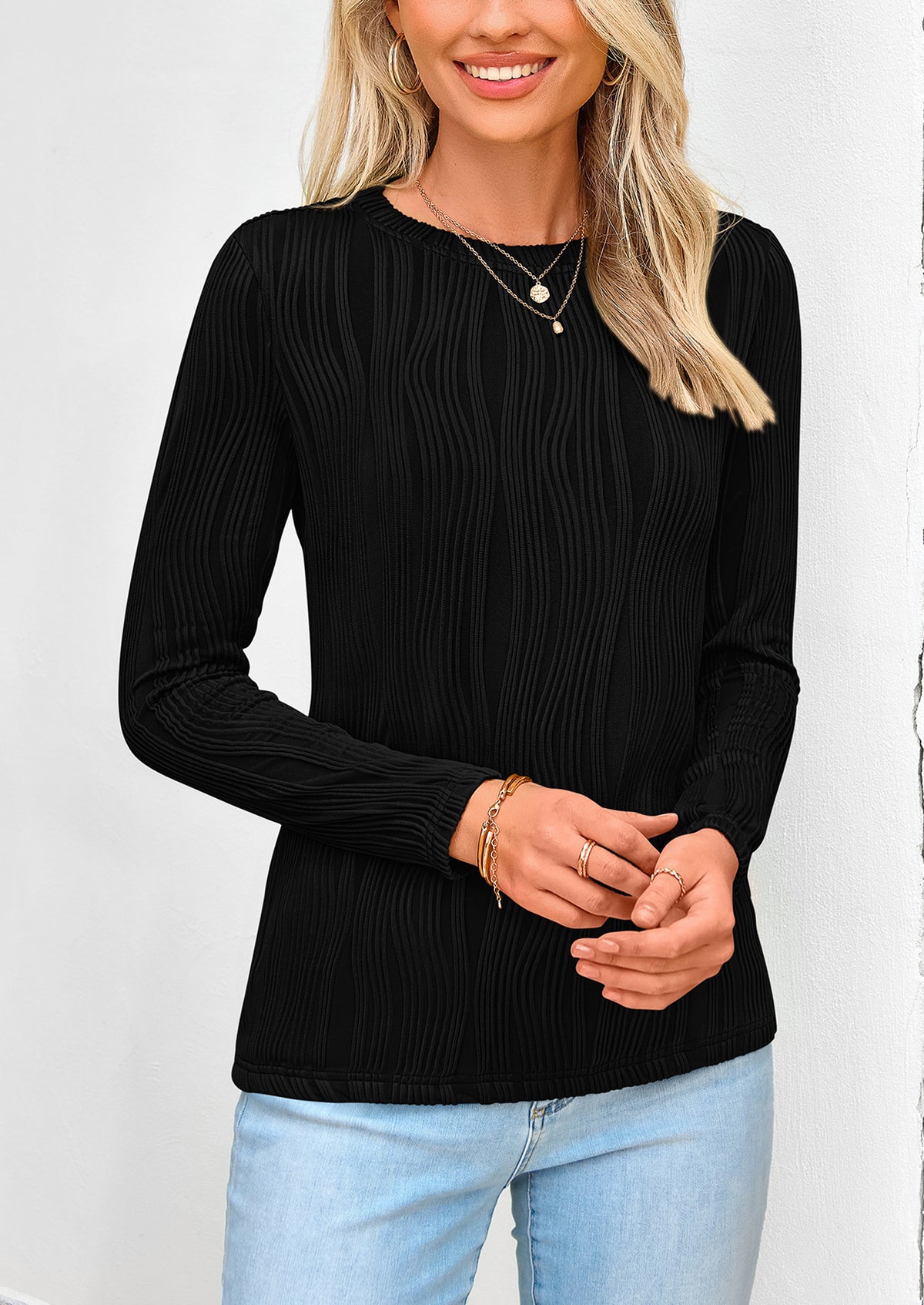 Plain Long Sleeve Crew Neck Textured Casual T-shirts