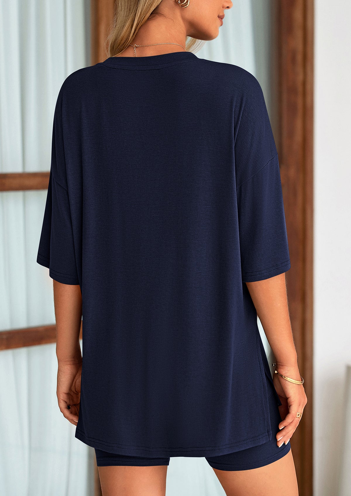 Casual Short Sleeved Round Neck Top Paired With Shorts Two-Piece Set