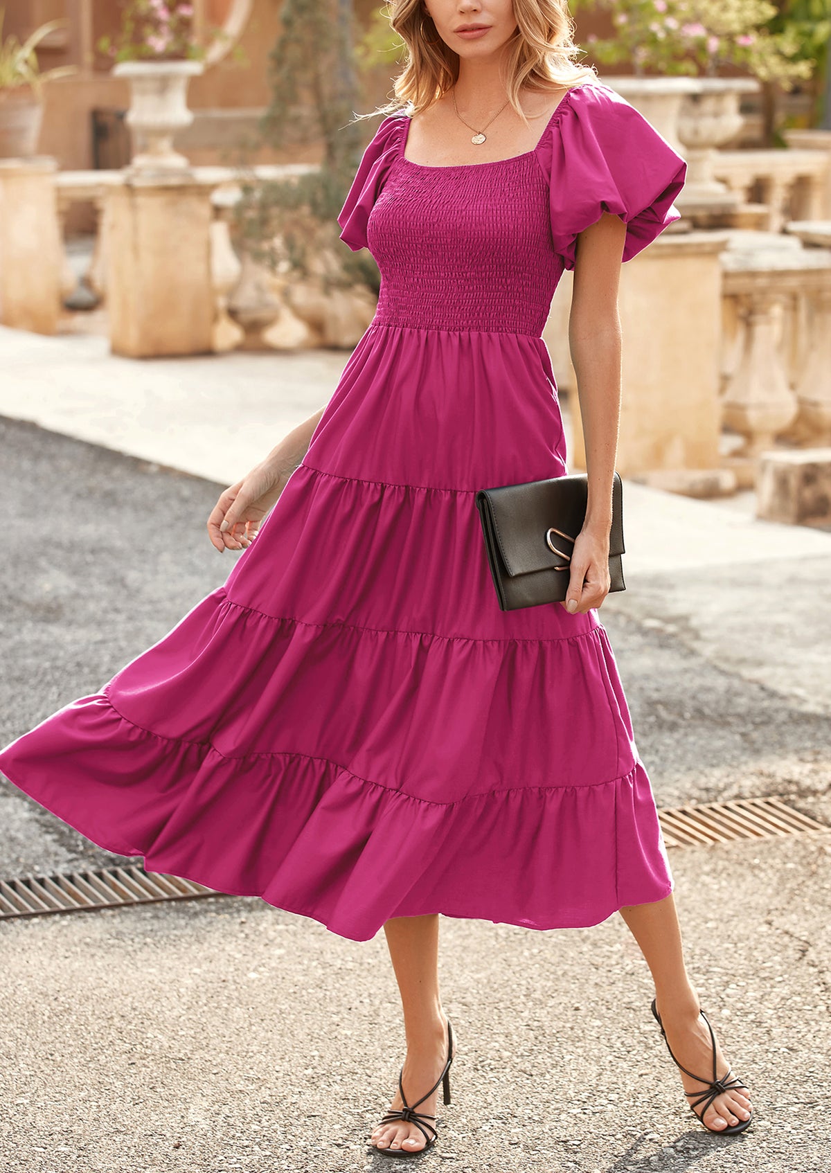 Casual Short Sleeved Square Neck Layered Pleated Dress
