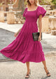 Casual Short Sleeved Square Neck Layered Pleated Dress