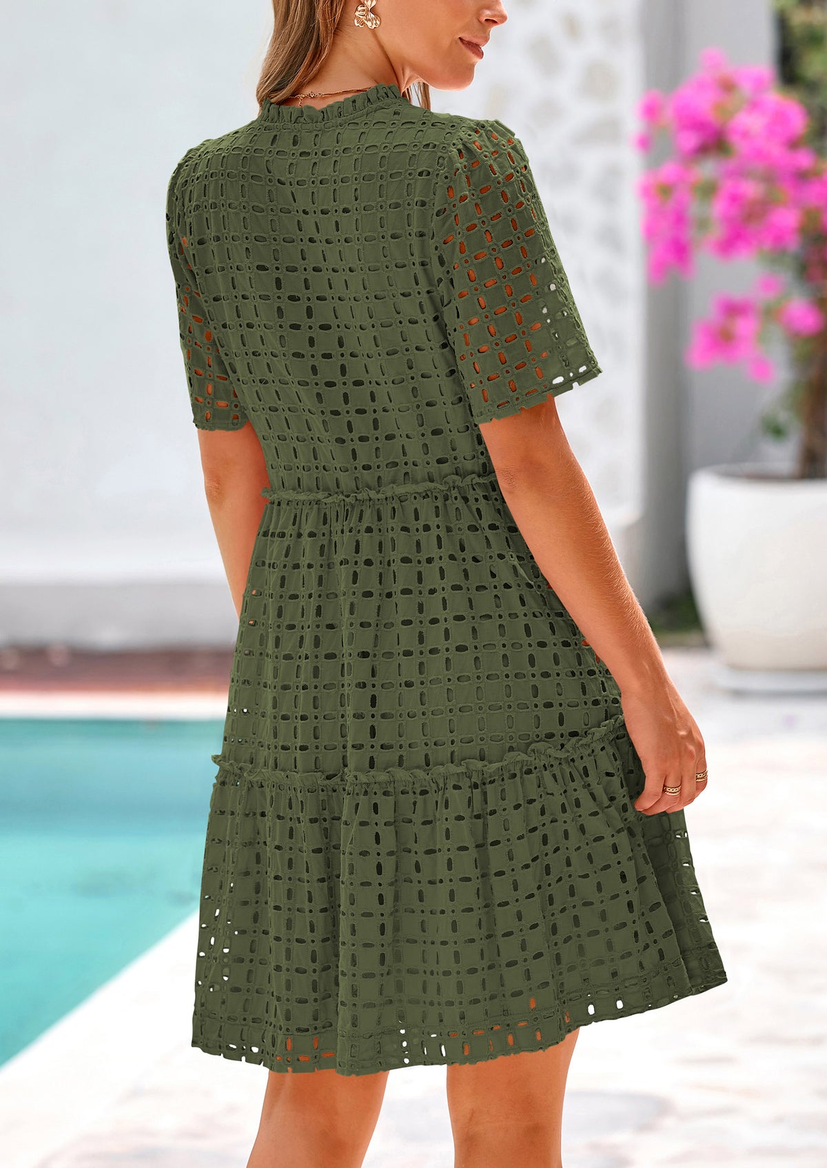Short Sleeve V Neck Hollow Out Eyelet Ruffle A Line Swing Mini Dress