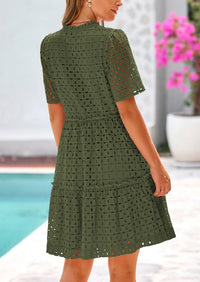 Short Sleeve V Neck Hollow Out Eyelet Ruffle A Line Swing Mini Dress