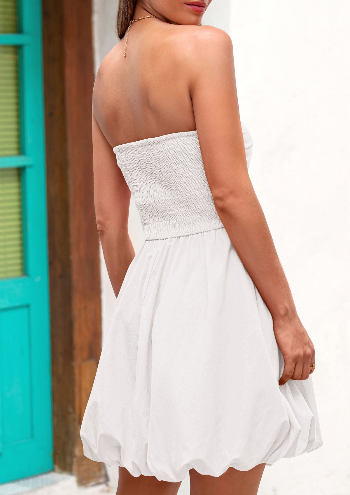 Tube Top Casual Smocked A Line Sundress Trendy Strapless Bubble Short Mini Dresses