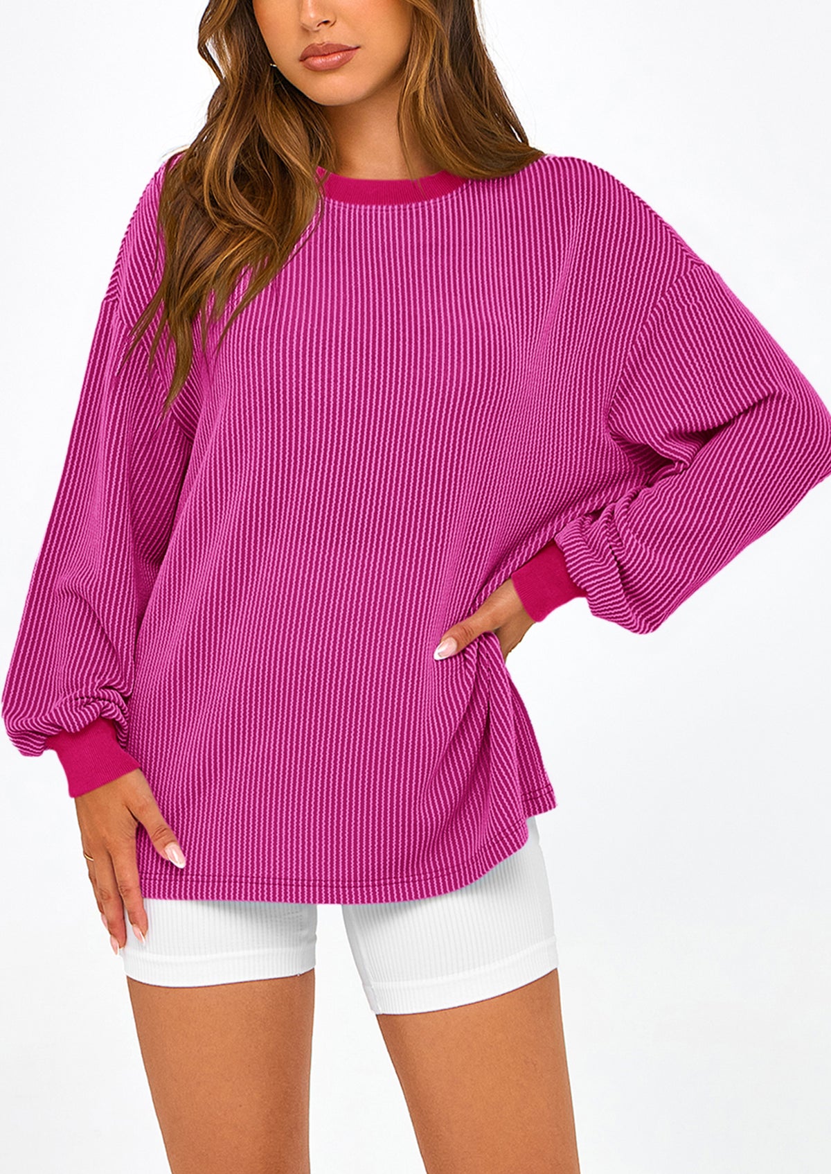 Long Sleeve Casual Loose Crew Neck Ribbed Blouse