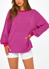 Long Sleeve Casual Loose Crew Neck Ribbed Blouse