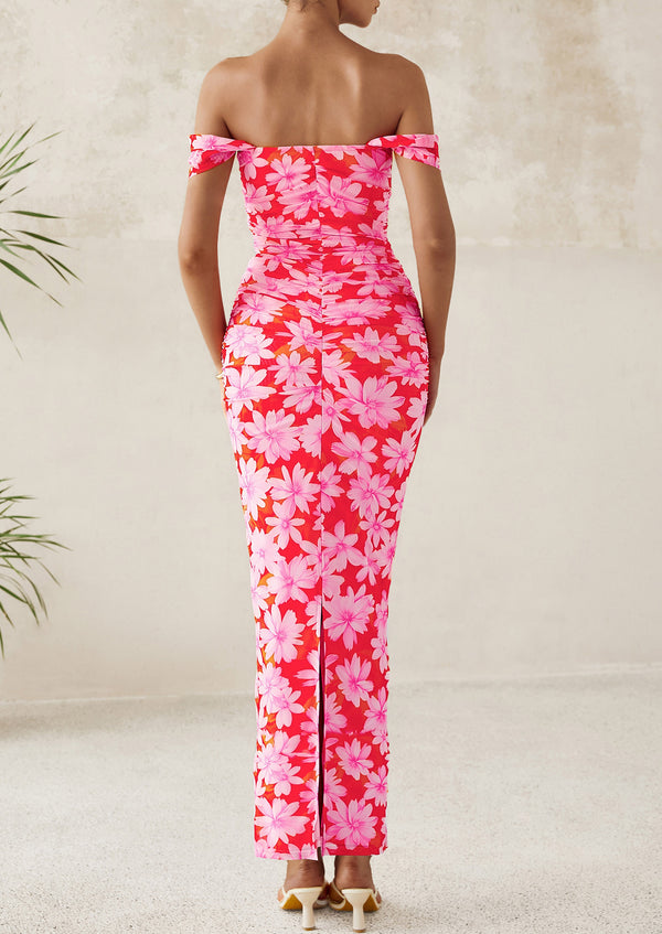 Ruched Bodycon Off Shoulder Floral Mesh Cocktail Party Fitted Maxi Dress