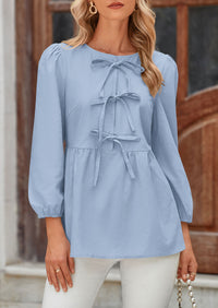 Babydoll Trendy 3/4 Length Puff Sleeve Bow Tie Front Cute Peplum Blouses