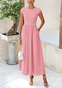 Casual Cap Sleeve Patchwork A Line Flowy Elegant Homecoming Maxi Dress
