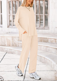 Long Sleeve High Low Tops T-Shirts Wide Leg Pants Two Piece Sets