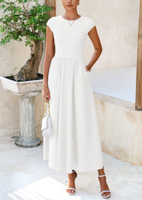Casual Cap Sleeve Patchwork A Line Flowy Elegant Homecoming Maxi Dress