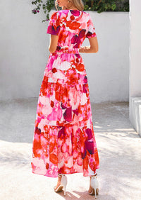 Boho Floral Short Sleeve V Neck A Line Tiered Ruffle Flowy Long Beach Vacation Maxi Dresses