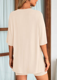 Casual Short Sleeved Round Neck Top Paired With Shorts Two-Piece Set