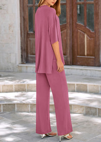 Short Sleeve Pullover Tops And Wide Leg Pants Two Piece Sets