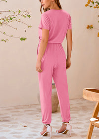 Deep V Neck Wrap Drawstring Waist Jumpsuits