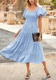 Casual Short Sleeved Square Neck Layered Pleated Dress
