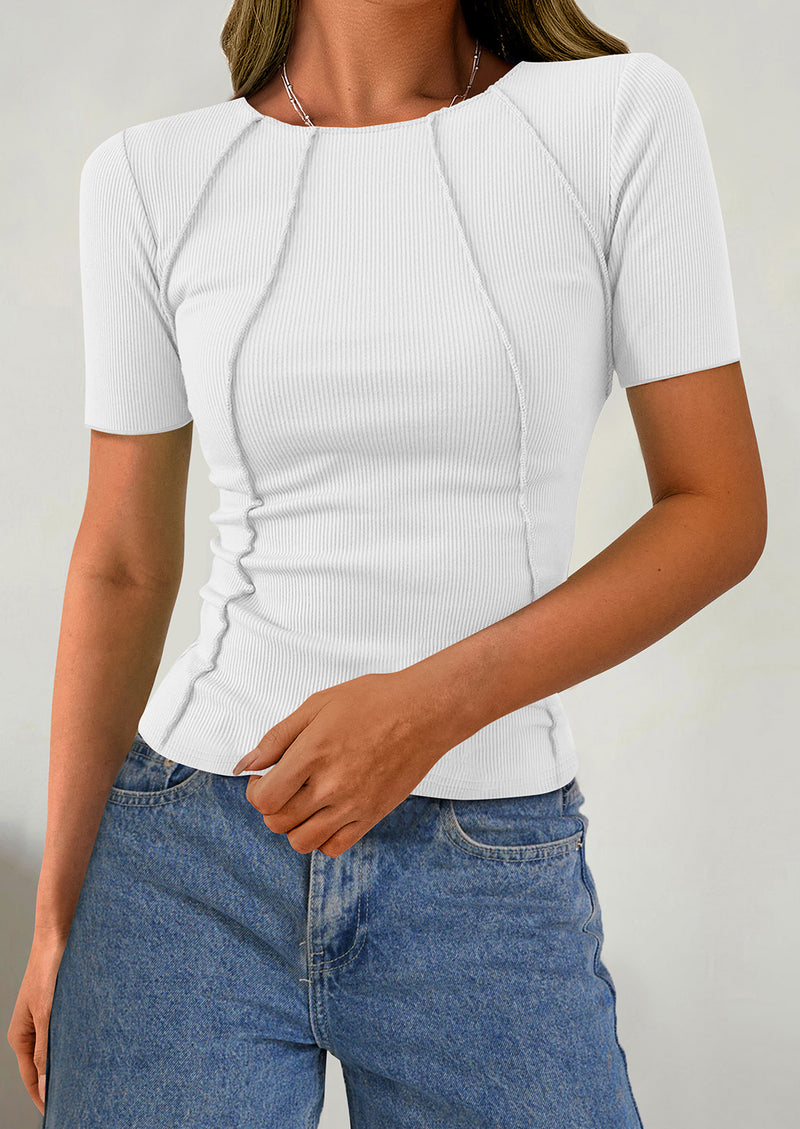 KIRUNDO Ribbed Short Sleeve Tops for Women Summer Casual Crew Neck Cute Crop Basic Tees Slim Fit Exposed Seams T Shirts