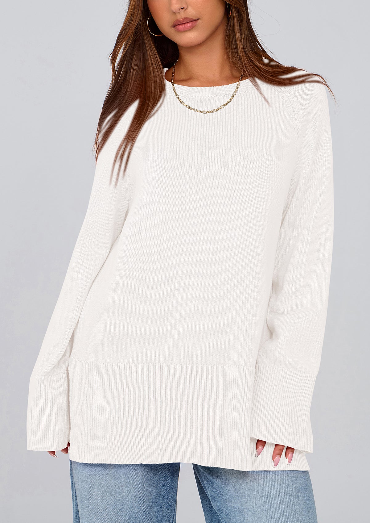 Knit Long Sleeve Crew Neck Split Hem Loose Oversized Tunic Sweaters