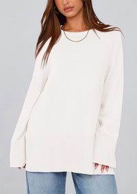 Knit Long Sleeve Crew Neck Split Hem Loose Oversized Tunic Sweaters