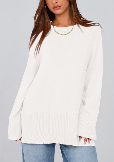 PRETTYGARDEN Women's Knit Fall Sweaters Long Sleeve Pullover Crewneck Split Hem Oversized Tunic Sweater Tops Winter Clothing