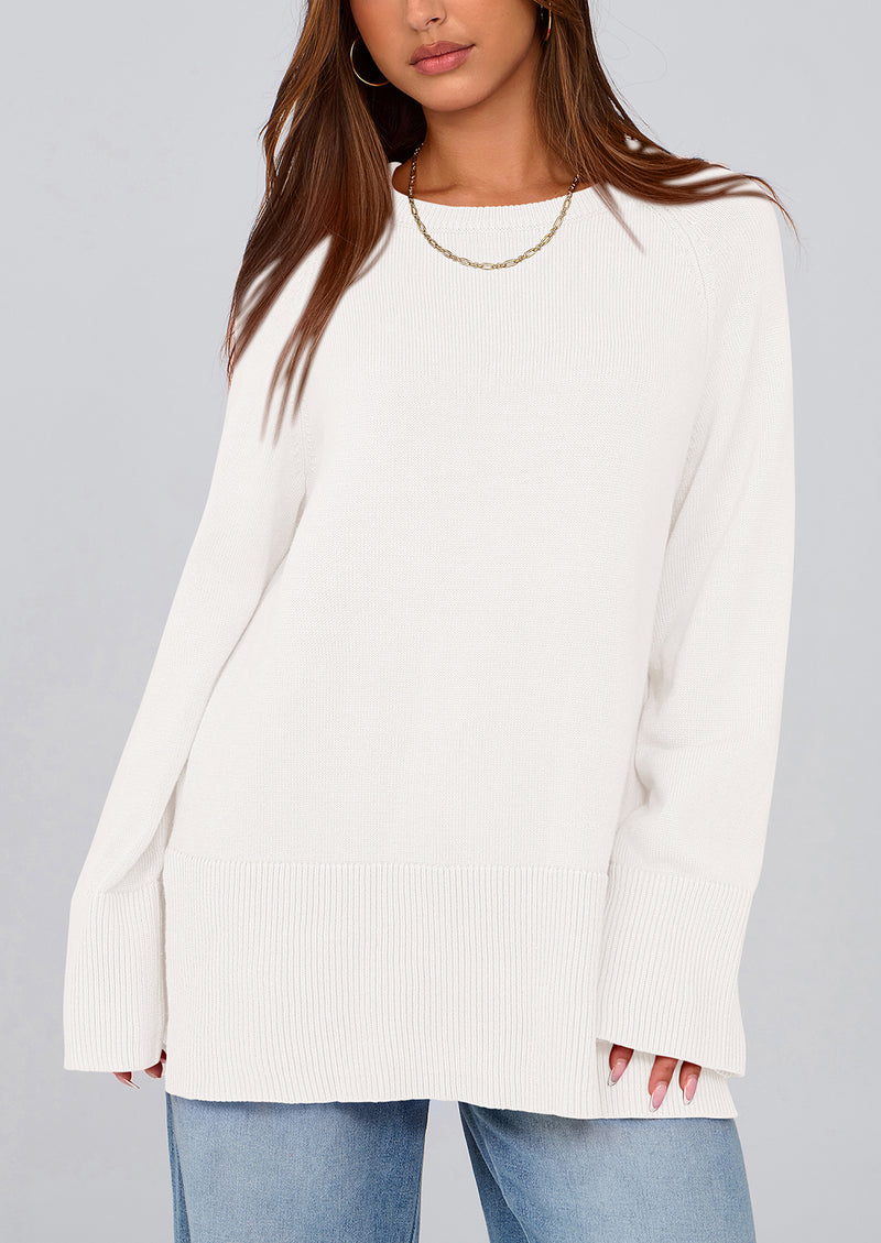 PRETTYGARDEN Women's Knit Fall Sweaters Long Sleeve Pullover Crewneck Split Hem Oversized Tunic Sweater Tops Winter Clothing