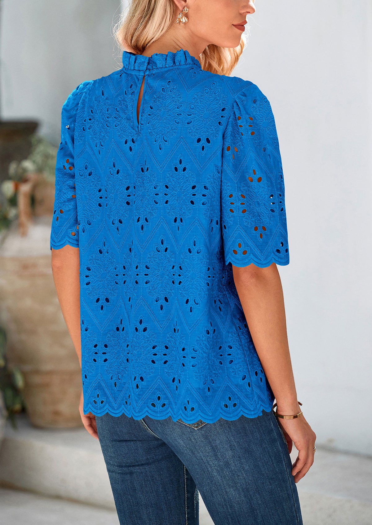 Short Sleeve Eyelet Embroidered Dressy Casual Blouse